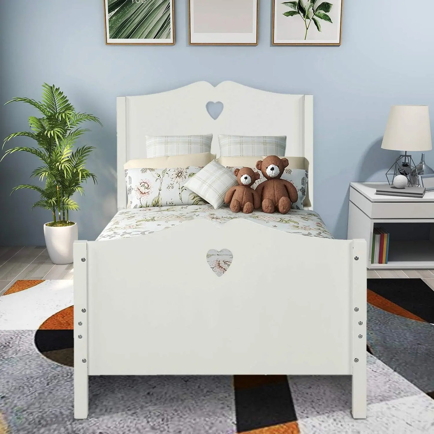 Twin Size Platform Bed with Unique Design Headboard, Wooden Bed Frame for Kids Bedroom