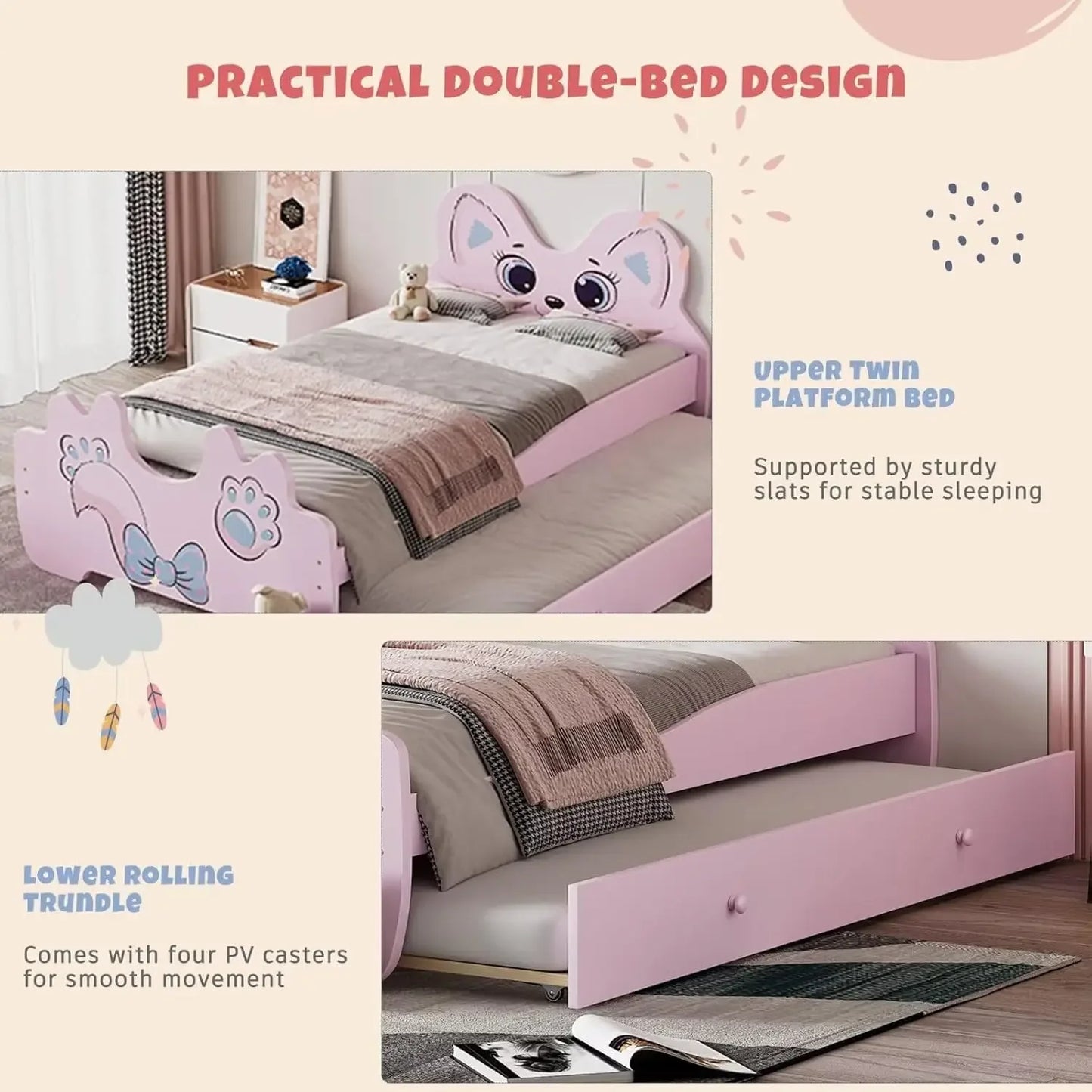 Cama con plataforma en forma de gato Merax Children con nido, estructura de madera, no necesita somier, tamaño doble, color rosa