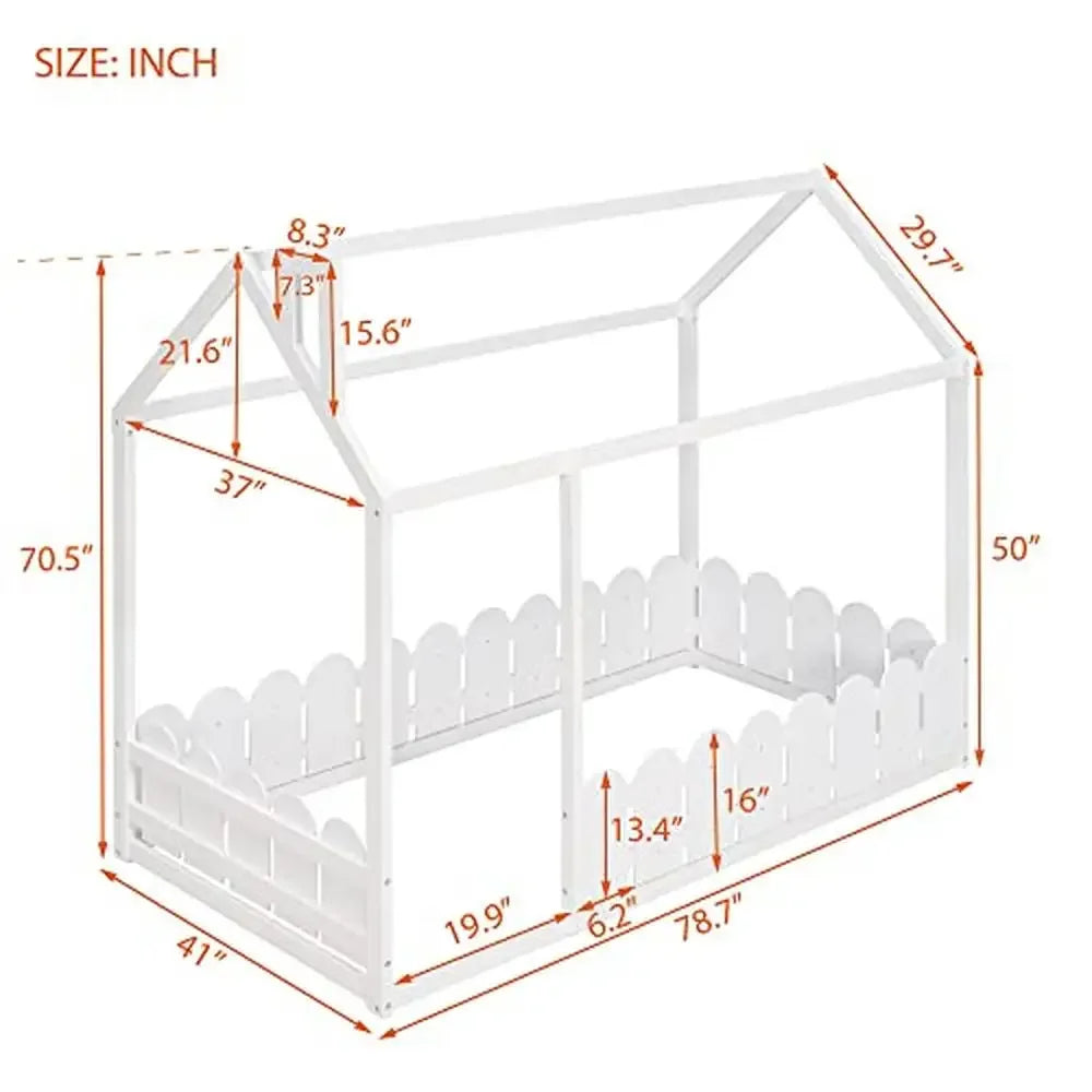 Lit double Montessori pour enfants avec rails en forme de clôture, cadre de sol blanc, style moderne, bois de pin massif, 175 lb, taille double, 78,7 po L x