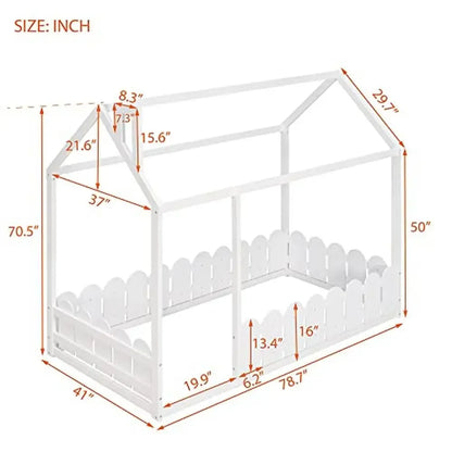 Montessori Twin House Bed Kids with Fence-Shaped Rails White Floor Frame Modern Style Solid Pine Wood 175lbs Twin Size 78.7"L x