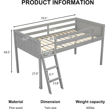 Lit mezzanine bas en bois avec échelle, lit mezzanine bas en bois avec garde-corps pour enfants ou adolescents, gain de place, pas besoin de sommier, taille double