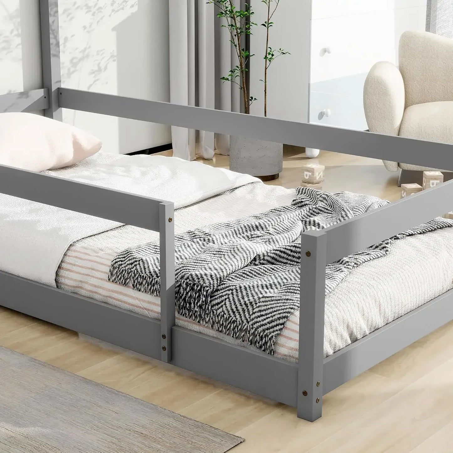 Cabecero de cama en forma de casa de tamaño doble con vallas, cama Montessori de madera para niños, cama con estructura de casa doble para niñas y niños (gris)