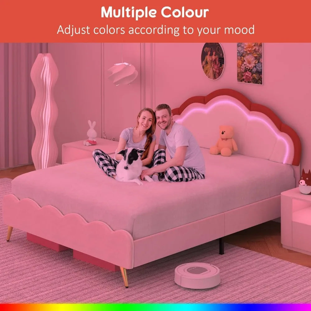 Queen Upholstered Smart LED Bed Frame with Adjustable Headboard, Pink Platform Bed Frame Queen Size with Wooden Slats Support