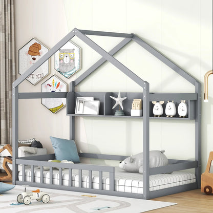 Lit cabane double en bois avec étagère de rangement, lit pour enfants avec clôture et toit, qualité supérieure, peu encombrant