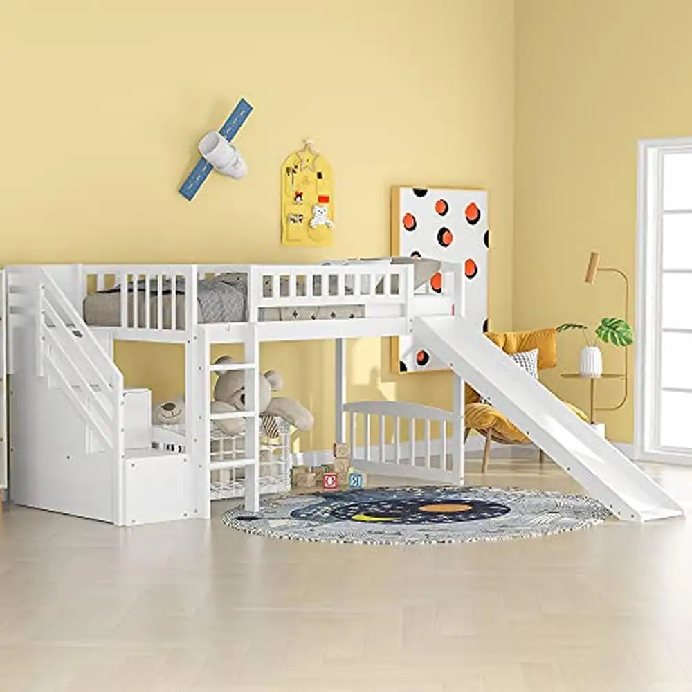 Kids Twin Low Loft Bed Slide Stairs Storage Guardrails Pine Frame Boys Girls White Loft Bed Frame