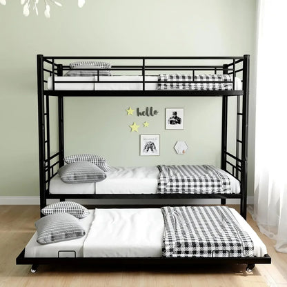 Litera doble sobre cama individual con cama nido, literas dobles para 3 niños o jóvenes, litera de metal con 2 escaleras y barandillas de longitud completa