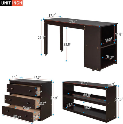 Cama alta con escritorio y tocador tamaño completo, estructura de cama alta de madera para niños con gabinete y estantes de almacenamiento y escritorio portátil con ruedas para J