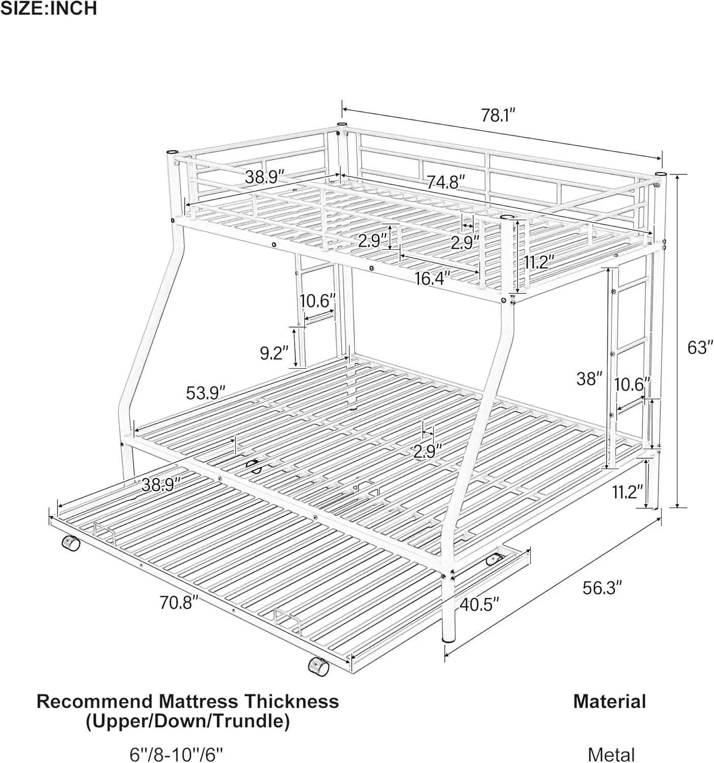 Triple Bunk Beds Twin Over Full Bunk Bed with Trundle,Sturdy Steel Bunk Beds Frame for 3 Kids/Teens with Two Side Ladders