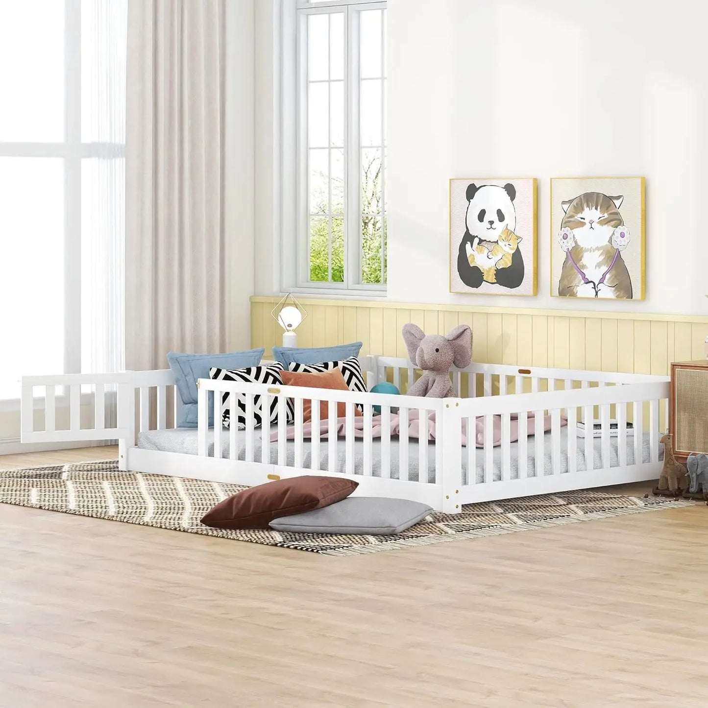 Queen Size Floor Bed Frame for Toddler Wood Montessori Beds with Fence Railings Kids, Fun Toddlers Boys Girls, White