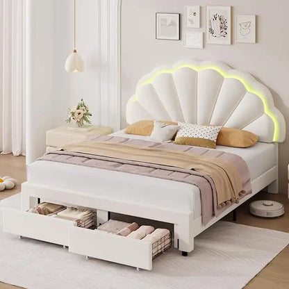 Smart LED Bed Frame with 2 Storage Drawers & Adjustable Chic Double Petal Headboard,with Solid Wood Slat/No Box Spring Needed