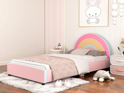 Twin Bed Frames for Kids, Princess Upholstered Girls Twin Platform Bed with Rainbow Headboard, Solid Wood Slats, No Box Spring N