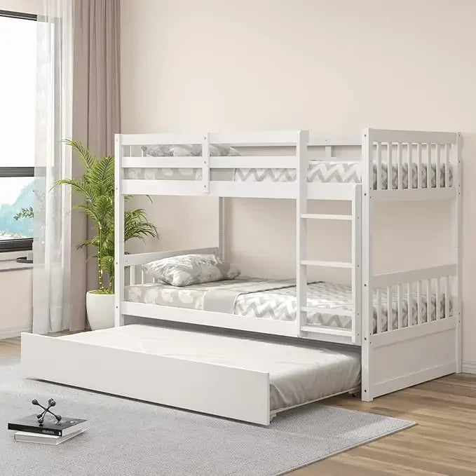 Wood Bunk Bed Twin Over Twin, Bunk Bed with Ladder & Safety Guardrail, Solid Wood Bed Frame, Ideal Multiple-Child Family, Beds