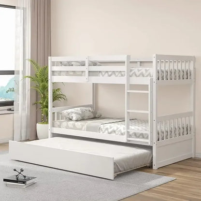 Wood Bunk Bed Twin Over Twin, Bunk Bed with Ladder & Safety Guardrail, Solid Wood Bed Frame, Ideal Multiple-Child Family, Beds