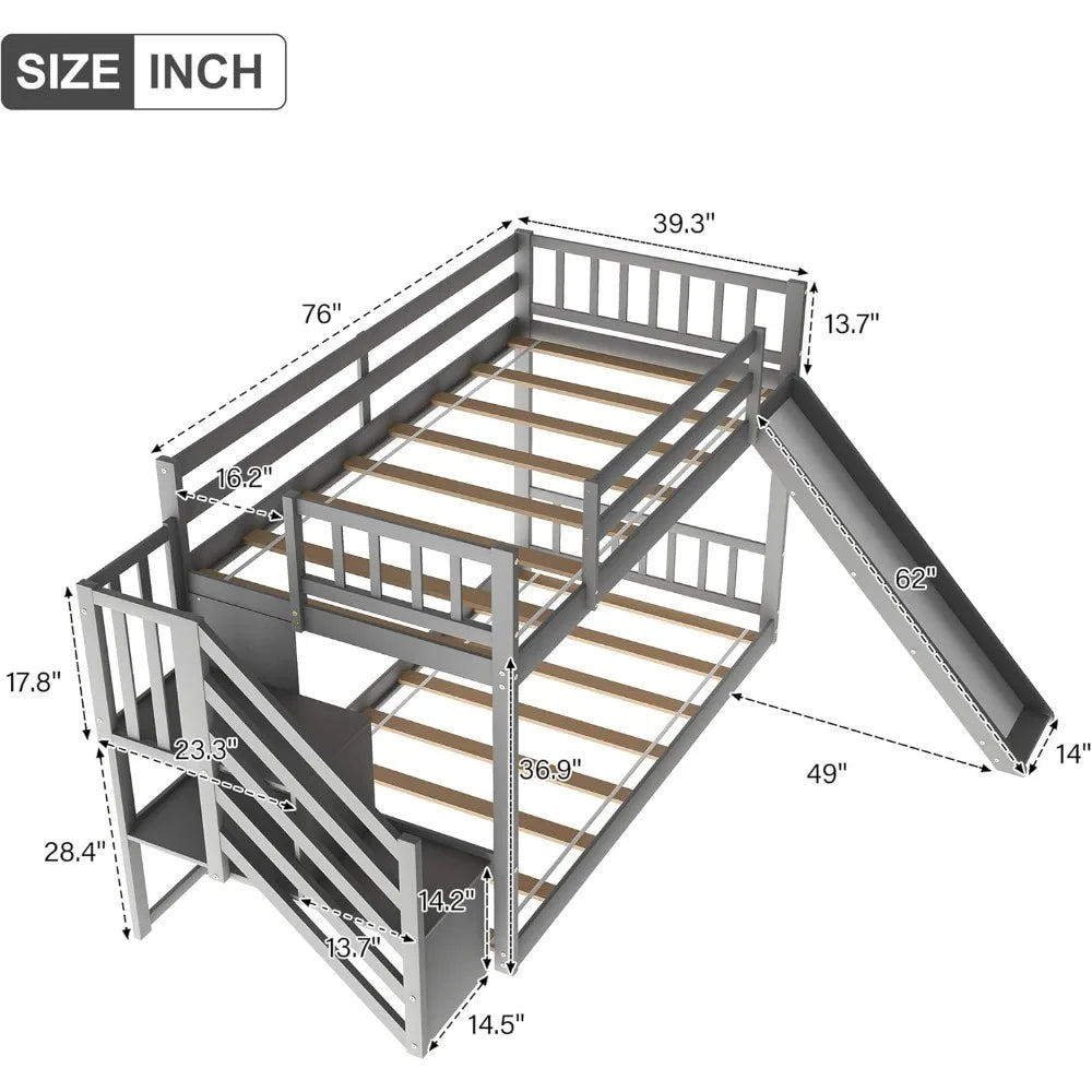 Litera baja de madera maciza para niños, litera doble sobre dos camas individuales con tobogán y escalera, escalera con estantes de almacenamiento/pasamanos