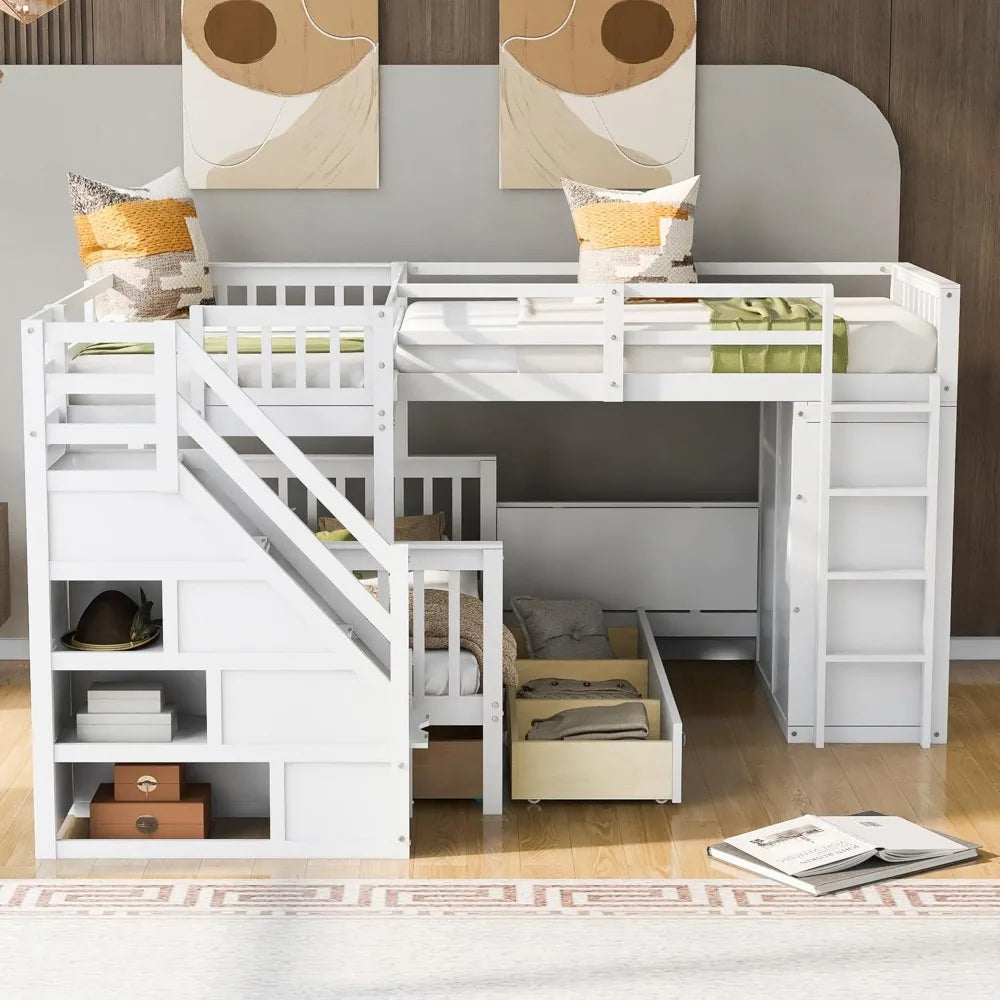 Lit superposé Twin-TwinOverFull en L avec bureau, lit triple pour enfants avec armoireLit superposé en bois avec 3 tiroirs et échelles pour enfants