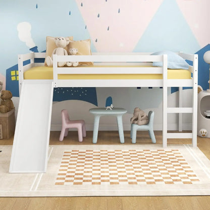 Cama alta doble con tobogán, cama alta baja de madera para niños, bebés, estructura de cama doble con escalera para trepar y espacio de almacenamiento, cama doble para niños