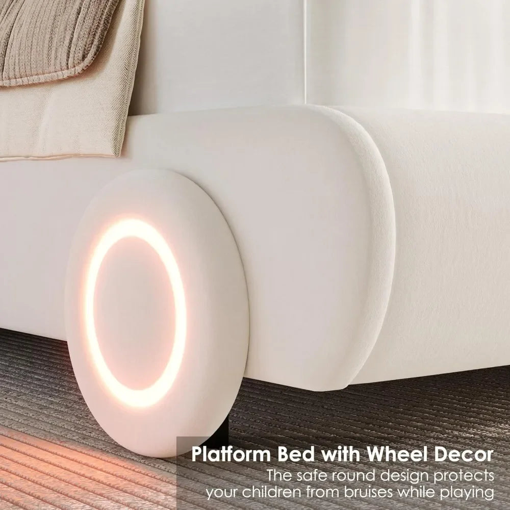 Marco de cama tapizado con luces LED tamaño queen con decoración de ruedas y cabecero curvo ajustable, plataforma moderna con forma de automóvil, muebles para niños