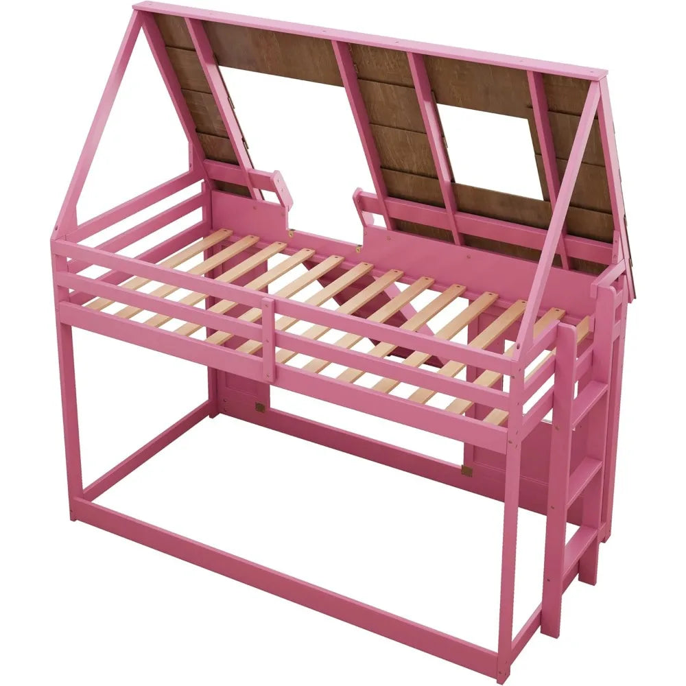 Pink House Bunk Bed with Roof Low Bunk Bed with Slide for Girls, Twin Over Twin, with slide, with built-in ladder