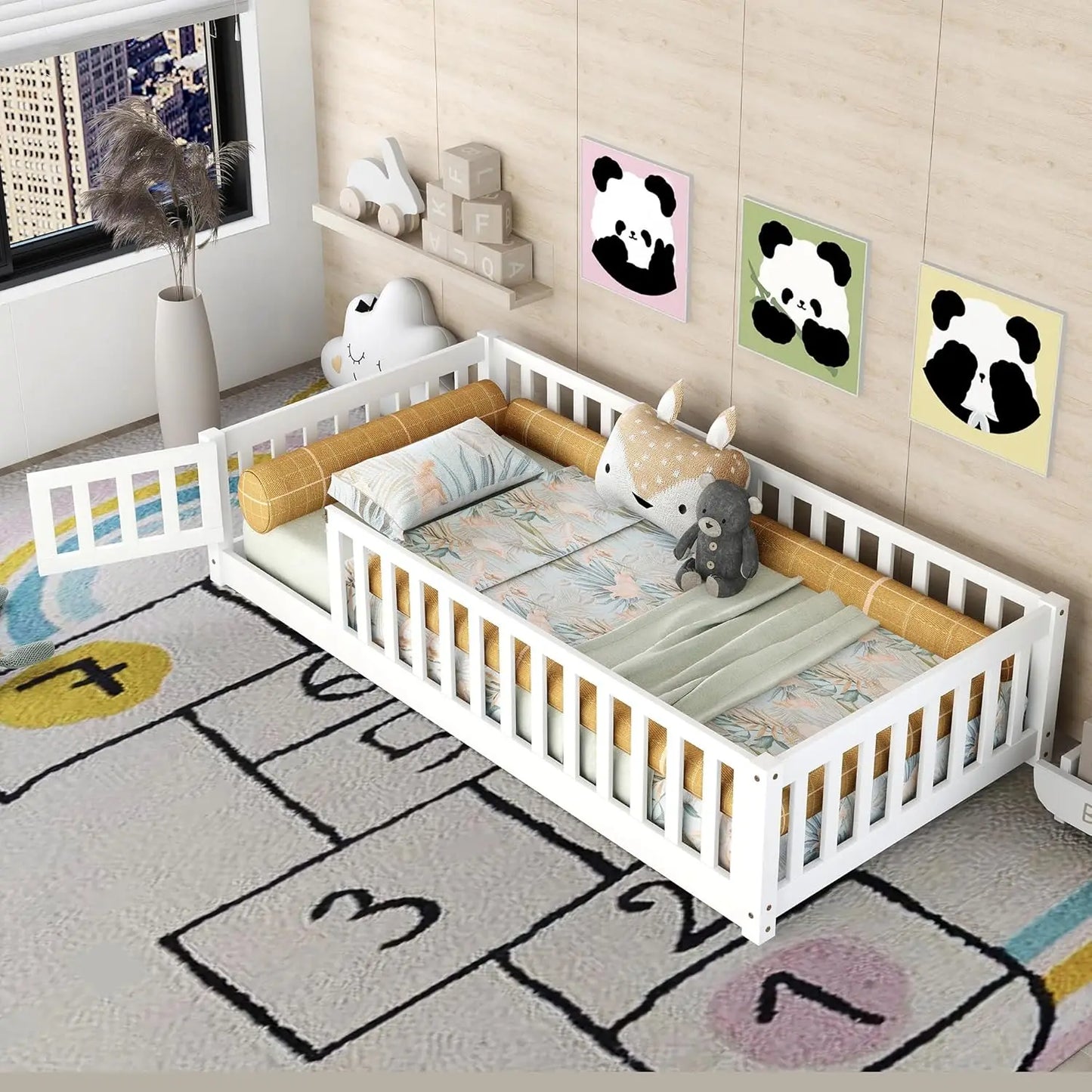 Cama de piso para niños de tamaño doble con puerta y valla Cama de piso Montessori con listones y barandillas de seguridad Marco de cama doble de madera maciza