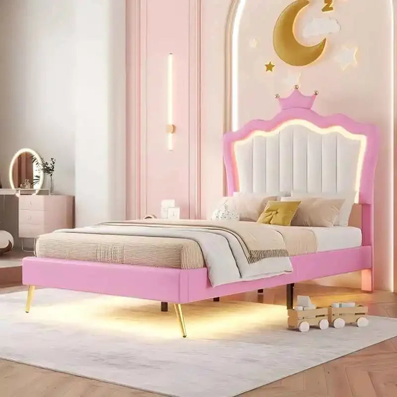 Cama de princesa de tamaño doble con cajones de almacenamiento para niñas, lindo marco de cama de tamaño doble para niños, marco de cama tapizado doble con LE