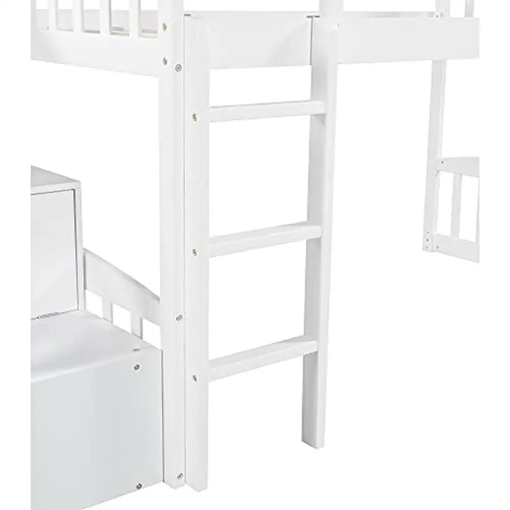 Kids Twin Low Loft Bed Slide Stairs Storage Guardrails Pine Frame Boys Girls White Loft Bed Frame