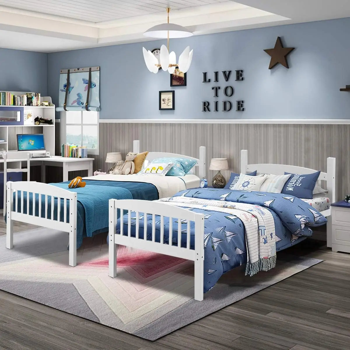 Literas gemelas sobre dos camas individuales, convertibles en dos camas individuales de madera maciza de caucho, muebles de dormitorio para niños con dos camas individuales y 1 cama