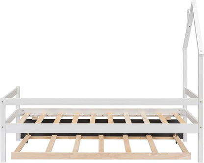 Cama nido con forma de casa de tamaño estándar para dormitorio de niños y niñas, cama de plataforma Montessori con cabecero y barandillas de longitud, sin caja