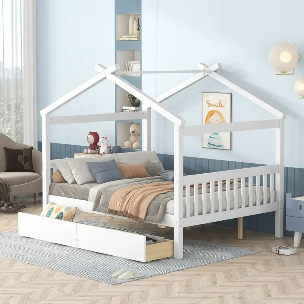 Cama de madera tamaño completo Merax con dos cajones, estructura de cama de madera con techo para niños, adolescentes, niños o niñas, color blanco