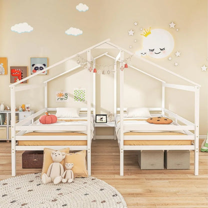 Twin Bed Frames for Kids, Wood House Shaped Platform with Built-in Nightstand & USB Port, 2 Shared Beds for Teens, Boys & Girls