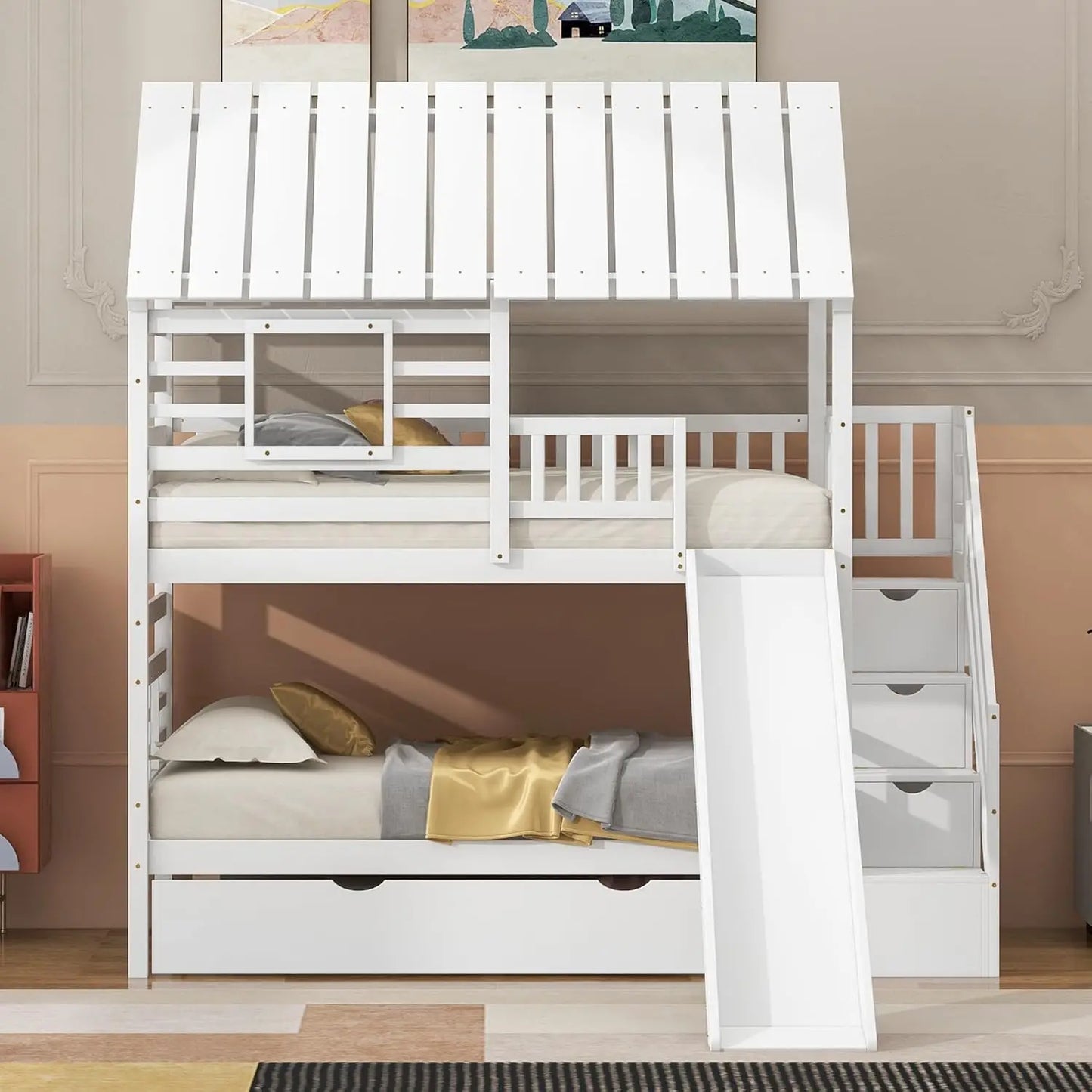 Litera doble con dos camas individuales, tobogán y escalera de almacenamiento, estructura de cama de madera con escalera para dormitorio de niños y adolescentes