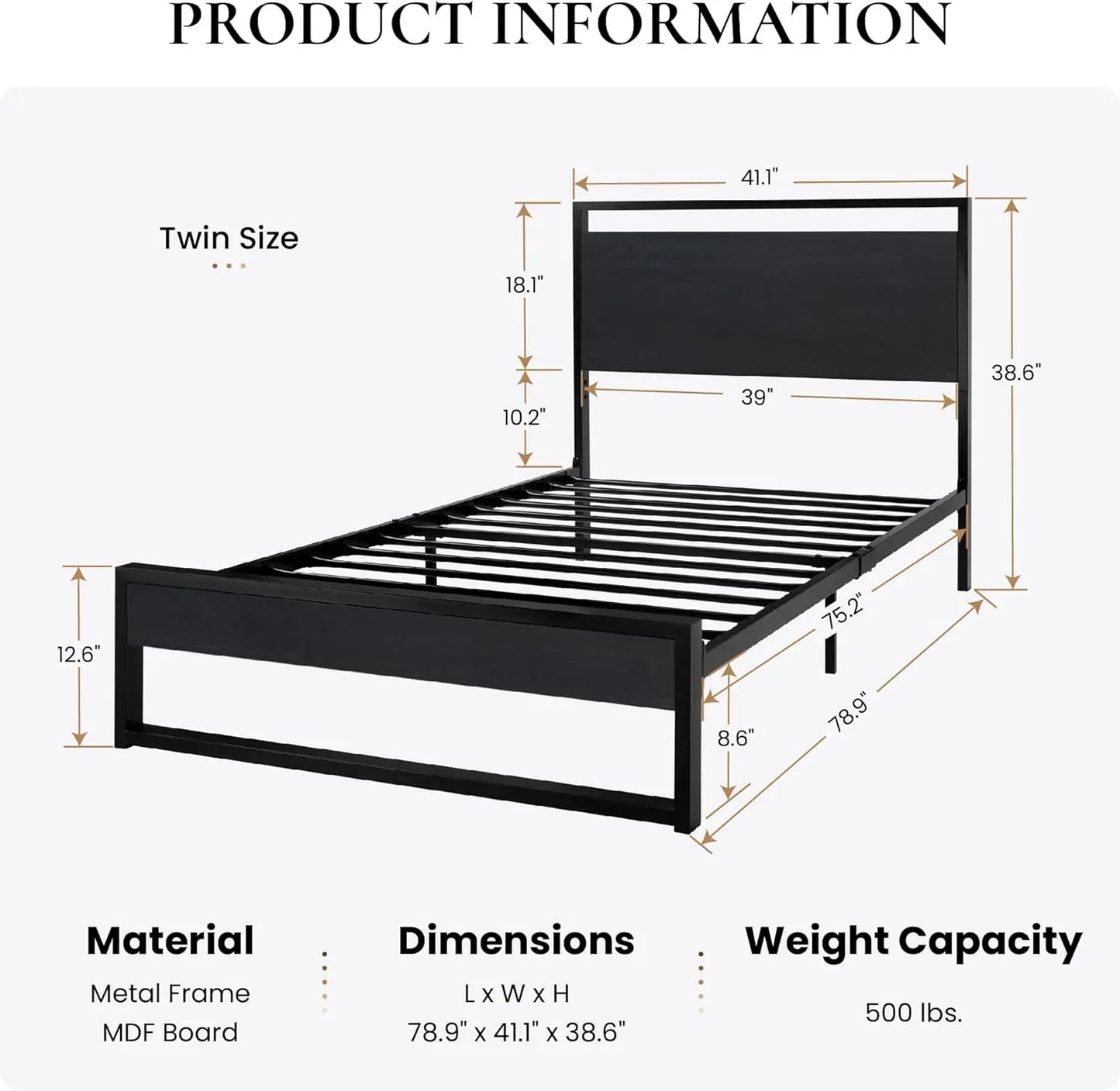 Cadre de lit double avec tête de lit en bois, lit plateforme en métal robuste, lit plateforme simple pour enfants, pas besoin de sommier, aussi simple que