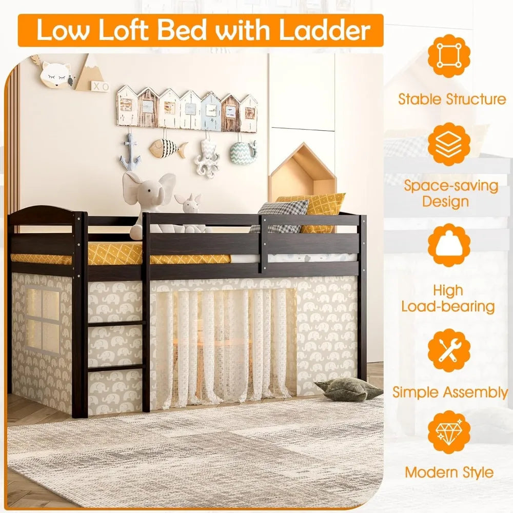 Twin Loft Bed, Solid Wood Low Loft Bed for Kids with Ladder & Guard Rails, No Box Spring Needed, Space-Saving Loft Bed