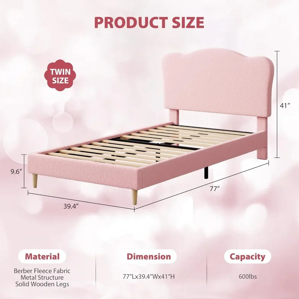 Upholstered Twin Size Bed Frame for Kids with Scallop Headboard, Cute Velvet Twin Bed for Girls, Boys, Sturdy Platform Bed