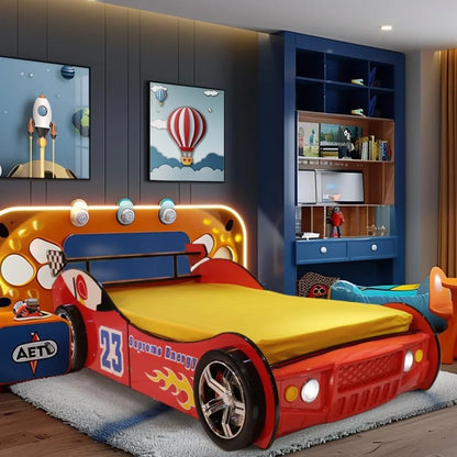 Cama de coche de tamaño doble para niños, estructura de cama de plataforma de madera con forma de coche de carreras, ruedas para la cabecera y listones de soporte