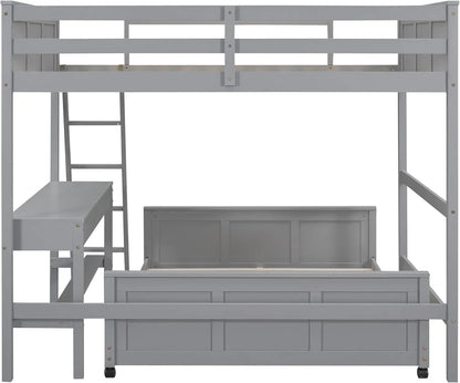 Lit superposé moderne avec bureau et tiroir, lit plateforme en L avec roulettes, cadre de lit superposé en bois massif avec échelle