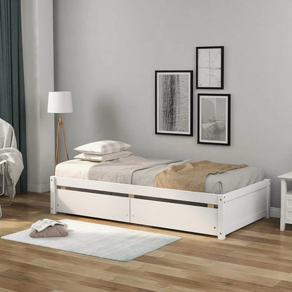 Lit simple à plateforme blanc pour deux personnes, cadre de lit en bois pour chambre à coucher, lit de rangement avec tiroirs pour enfants, pas besoin de sommier