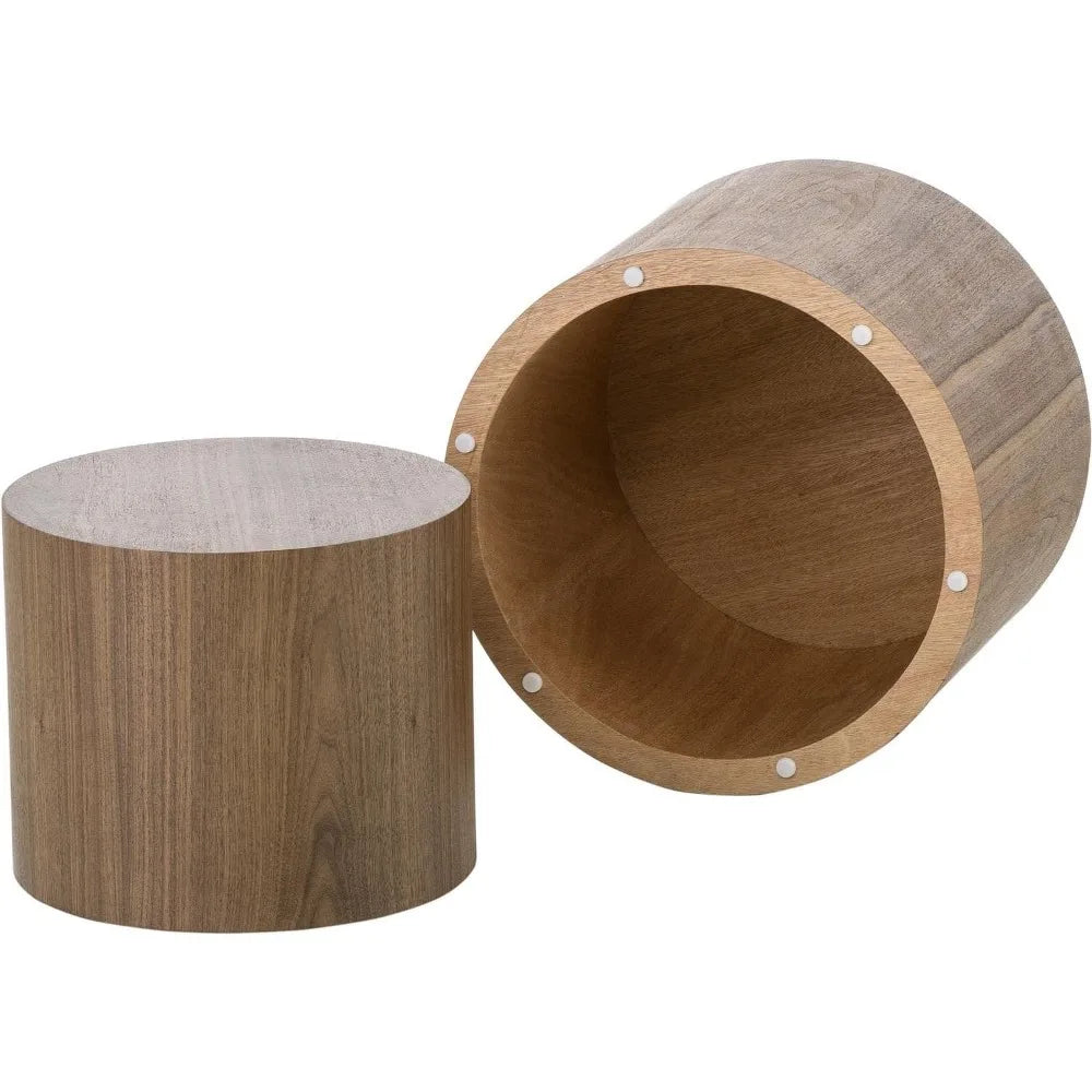 Nesting Coffee Table Set of 2, Walnut Round Wooden Coffee Tables Modern Circle Table for Small Space Living Room Bedroom