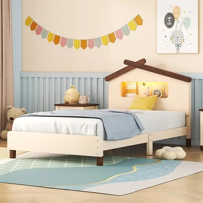 Cadre de lit double en bois crème pour enfants, tête de lit en forme de maison avec veilleuses à détection de mouvement, capacité de 200 lb, cadre de lit pour enfants