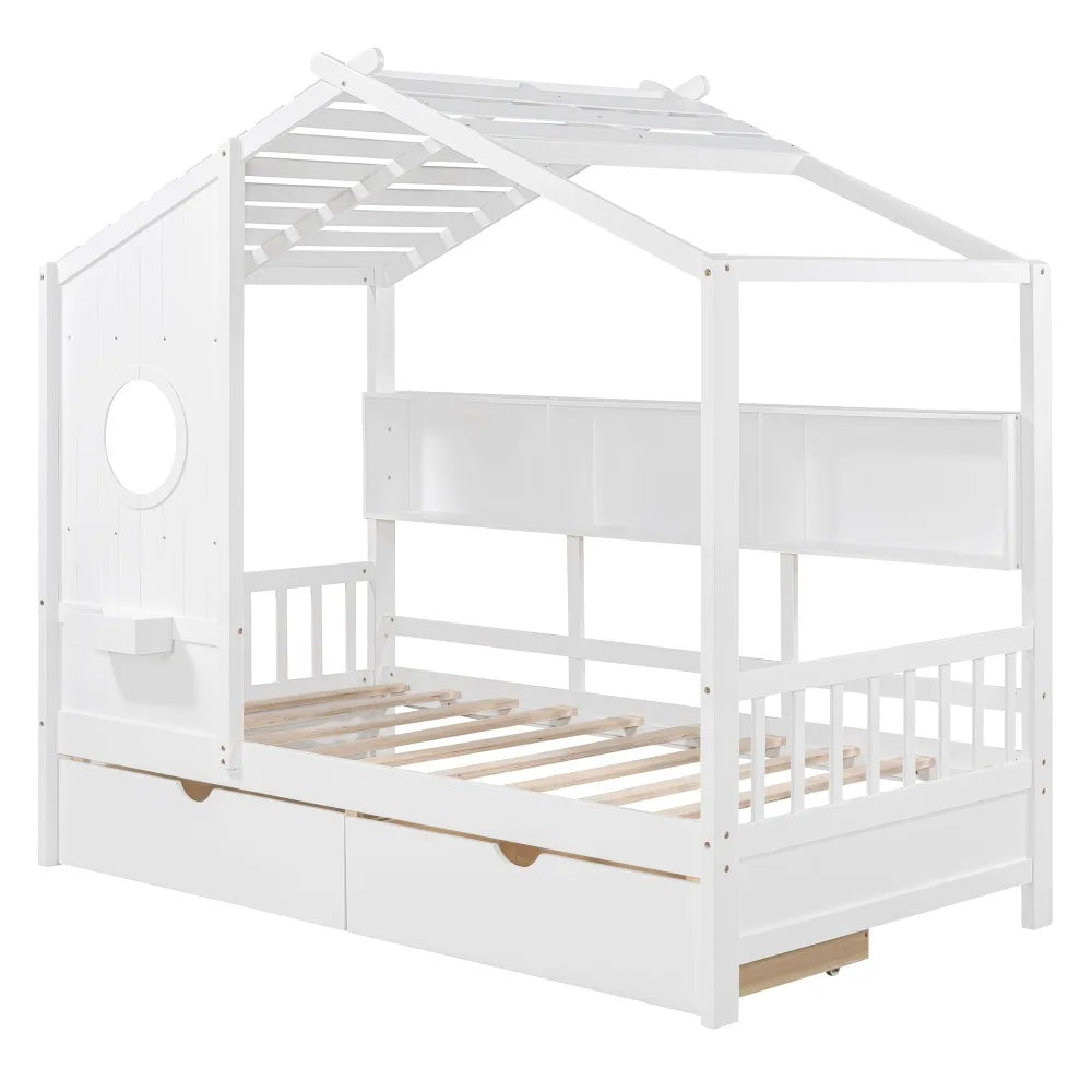 Lit double en bois avec 2 tiroirs, lit pour enfants avec étagère de rangement Un meilleur environnement de sommeil Gain de place