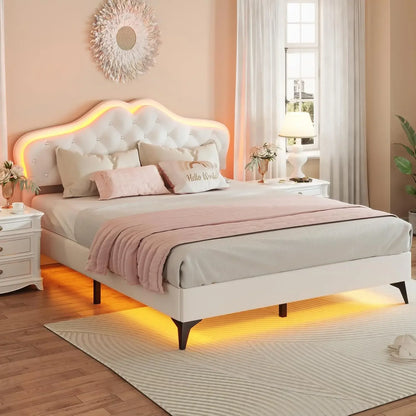 Size Upholstered Bed Frame with LED Lights, Adjustable Headboard with Crystal Button, Princess Platform Bed for Girls, Soli