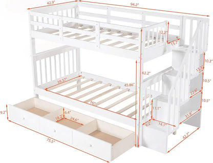 &amp; Bright Designs Lits superposés jumeaux avec tiroirs de rangement et escaliers Cadre de lit superposé en bois pour enfants garçons filles adolescents, blanc