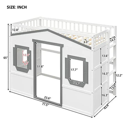 Lit mezzanine pour enfants de taille double, cadre de lit blanc et gris, fenêtre, échelle, bois massif, design robuste, espace de rangement, style moderne, facile