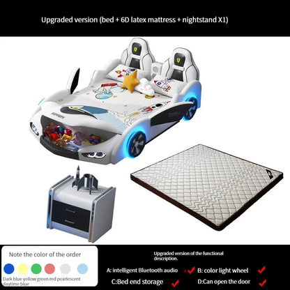 Multifunctional Car-Shaped Children's Bed For Boy Kids Wood Frame Bedroom Versatile Cartoon Stylish Bed With 2 Bedside Tables