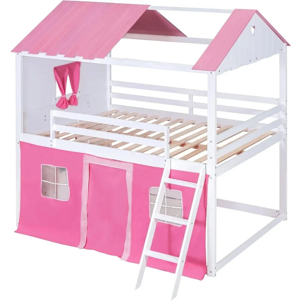 Litera doble tipo loft con tienda de campaña, cama tipo loft para niños con escaleras, barandilla, ventanas y techo, literas de madera para niños de dos plazas sobre dos