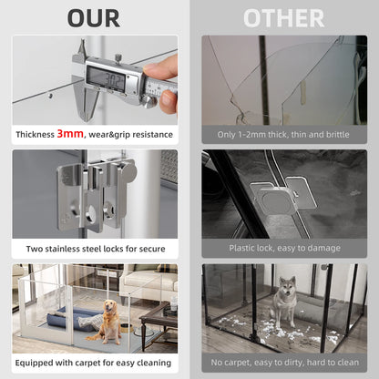 Large Acrylic Dog Playpen Fence, 6 Panels, Heavy Duty Pet Kennels Crate, Whelping Box with Waterproof Mat