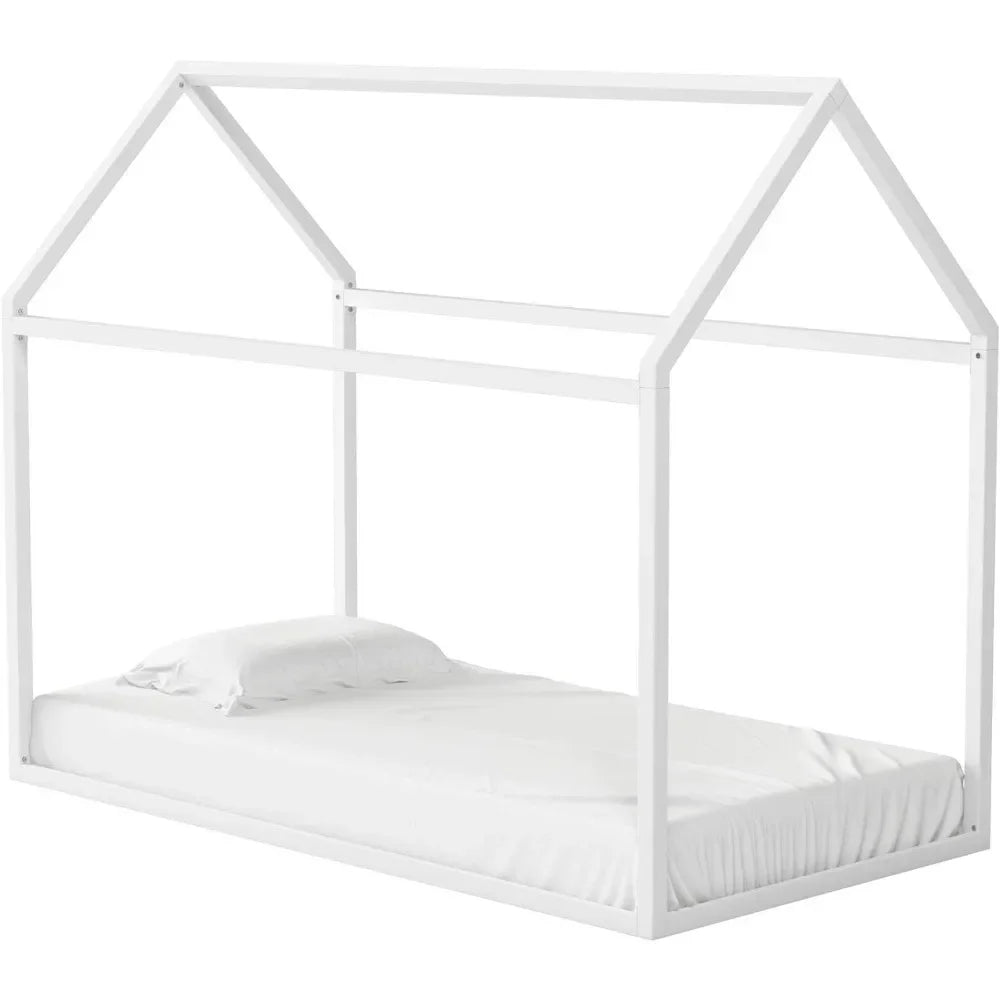 Metal Canopy Frame Children Beds House Floor Bed Frame for Kids and Toddlers Twin Off White