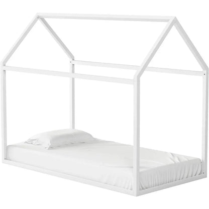 Cama infantil con dosel de metal, estructura de cama para niños y bebés, color blanco roto