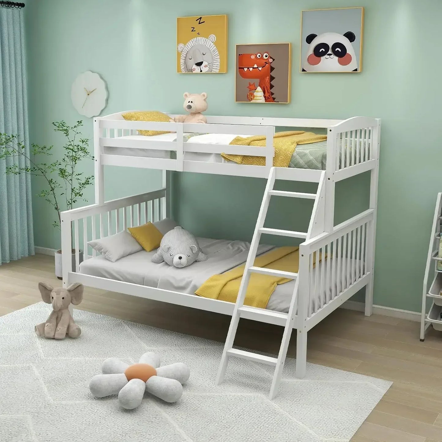 Twin Over Twin Bunk Bed with Trundle, Convertible Platform Bed Frame with Ladder & Solid Wood Frame, No Box Spring Needed, White