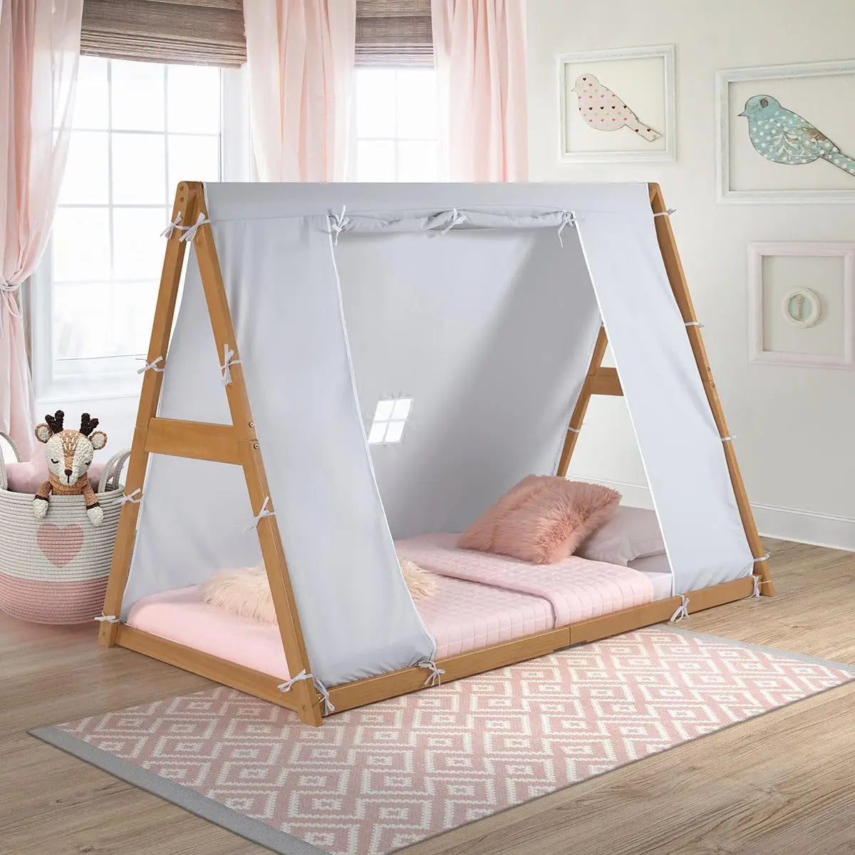 Tent Twin Floor Bed - Natural or White Frame, Grey, Children’s Bedroom Furniture … (Natural Frame)