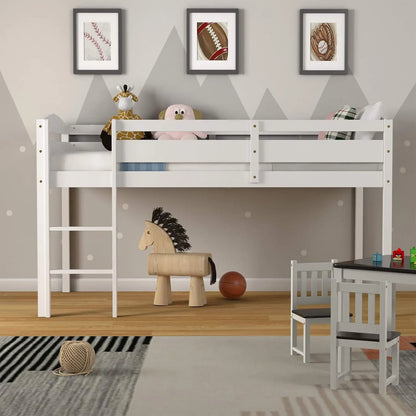 Twin Loft Bed, Solid Wood Low Loft Bed w/Guard Rail and Ladder, Boys & Girls Twin Bed for Kids Room, No Box Spring Needed, Class